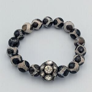 Faceted Agate Stone Stretch Bracelet | Black & Cream Beads
